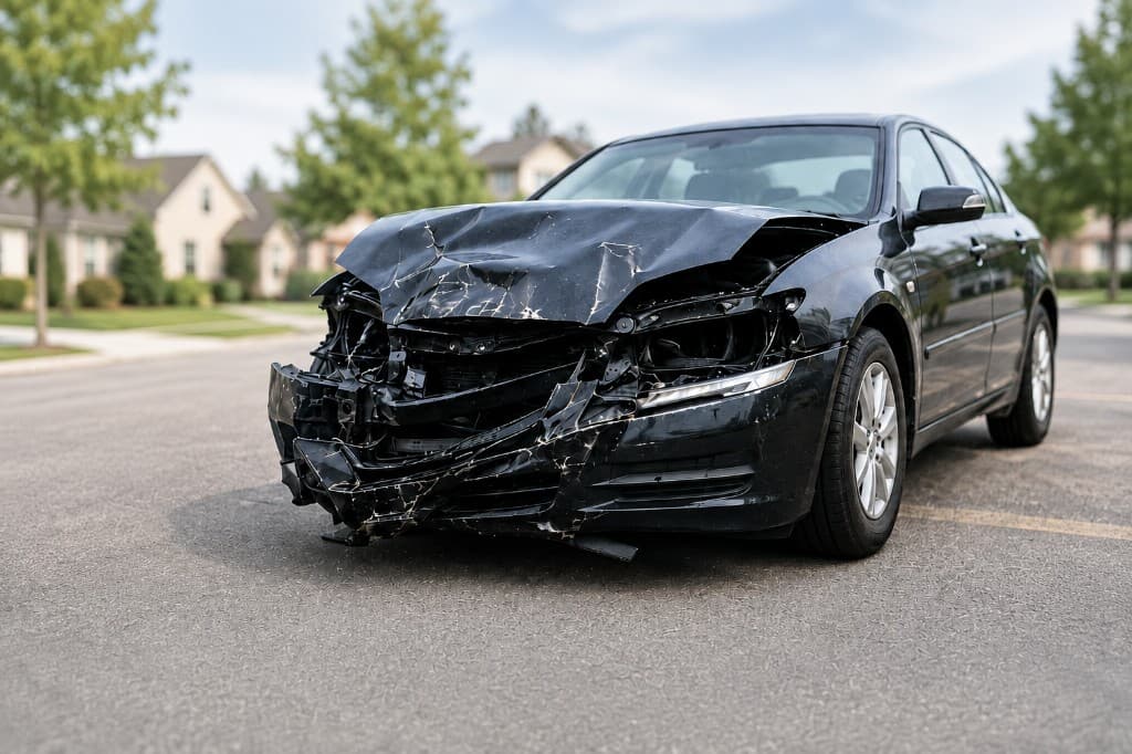 Damaged sedan standing on a residential street with trees and a house behind it